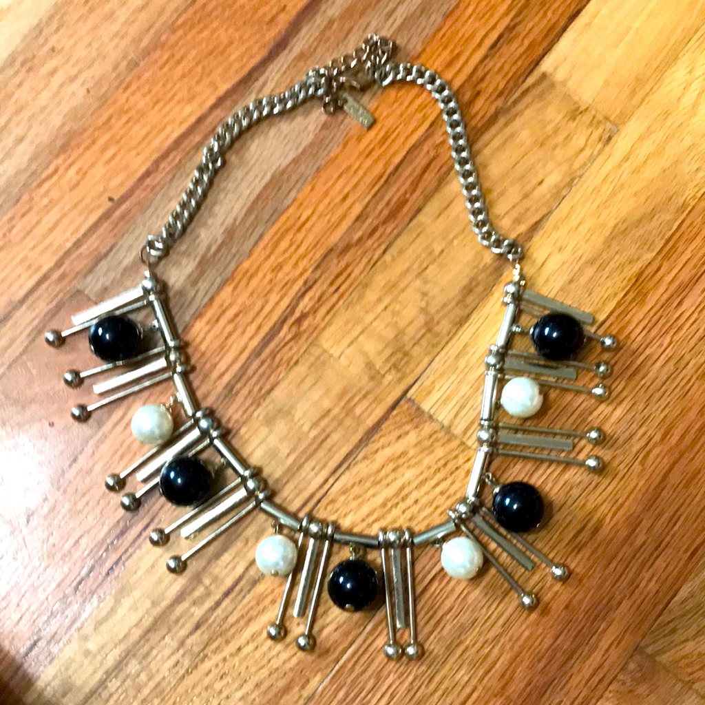 Vintage Mika Necklace Funky With Blk & Wt Beads With Gold Abstract Pieces 10 In